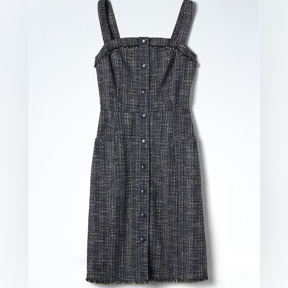 BANANA REPUBLIC‎ Navy Blue Tweed Button Down Dress with Fringe Size 10 Tall NWT
